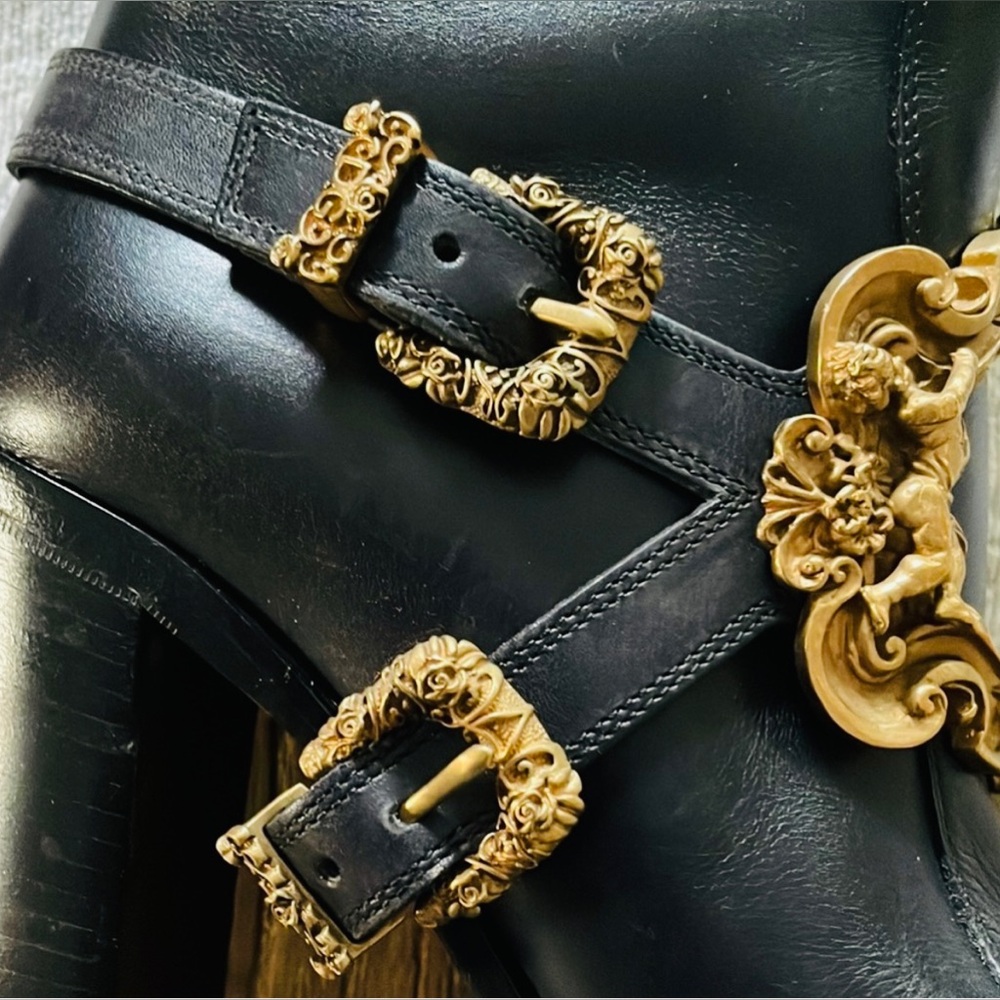 DOLCE & GABBANA VTG Black Leather Baroque Gold Pirate Riding Boots 36 6 Like New - Picture 4 of 16